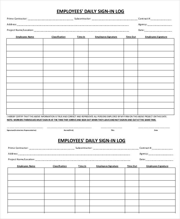 employee daily sign in sheet template