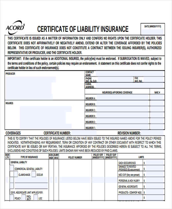 certificate of insurance letter template