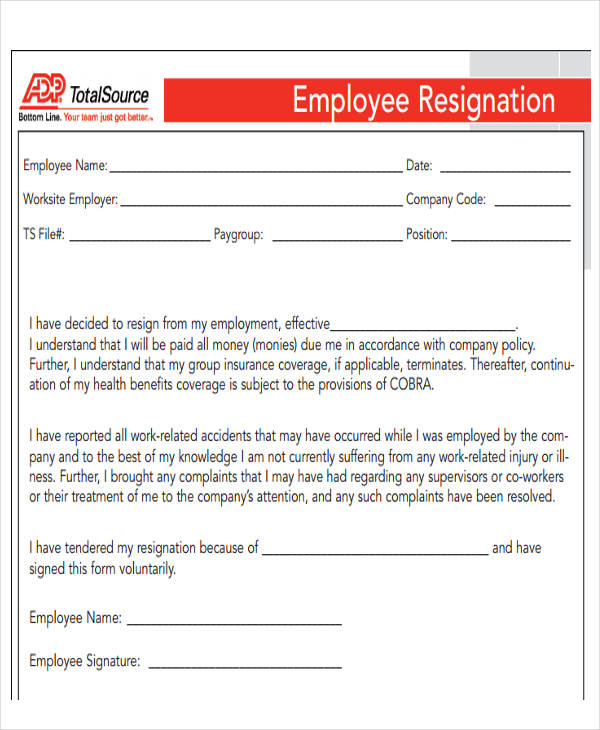 simple employee resignation letter format