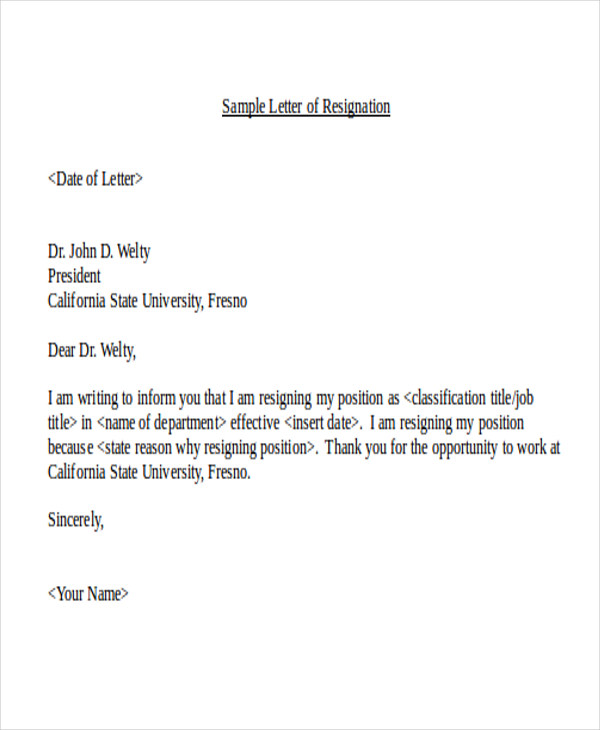 Sample Job Resignation Letter Format Forza