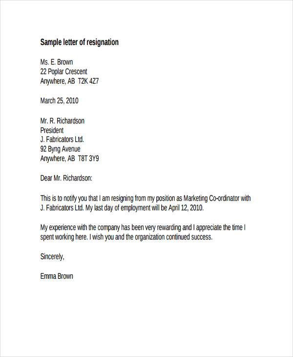 official job resignation letter