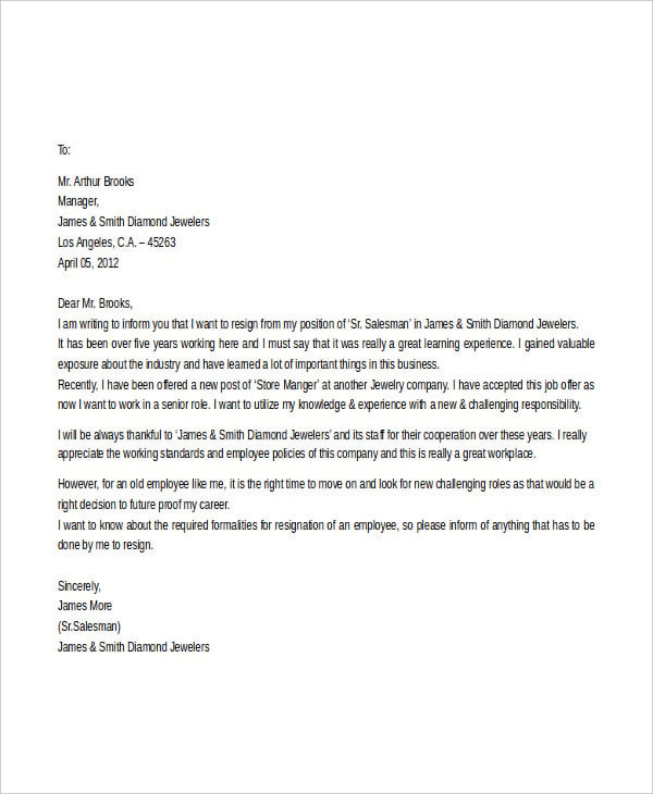 resignation letter for retail store manager