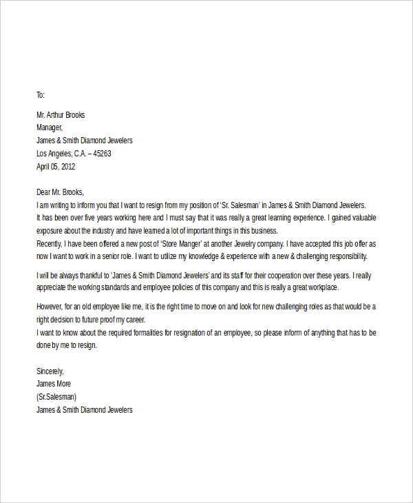 resignation letter for retail store manager