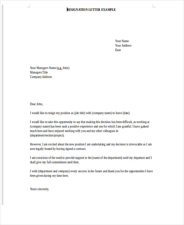free formal resignation letter template