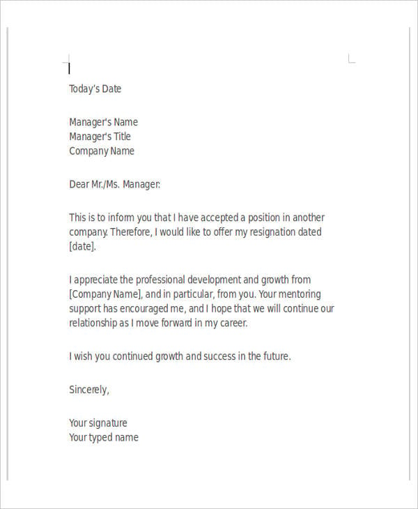 formal resignation letter with reason