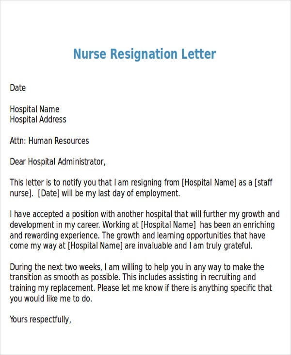 Exit Letter Sample For Nurses Sample Resignation Letter