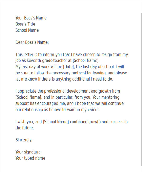 formal resignation letter for teacher