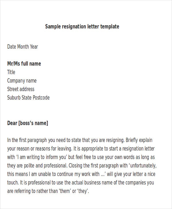 free sample of simple resignation letter