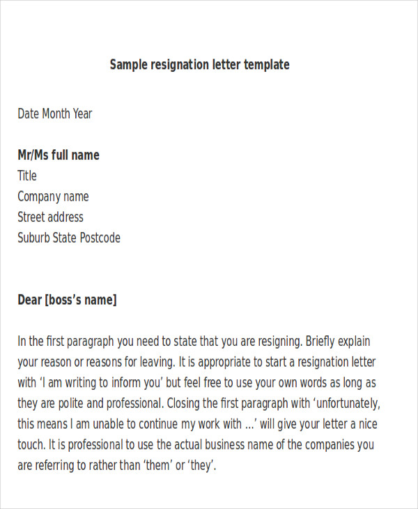 42+ Sample Resignation Letter Template