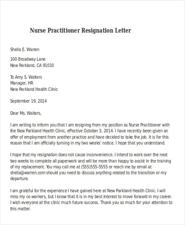 nurse practitioner resignation letter template