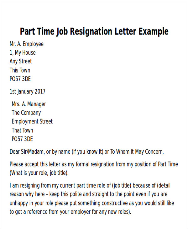 sample part time job resignation letter