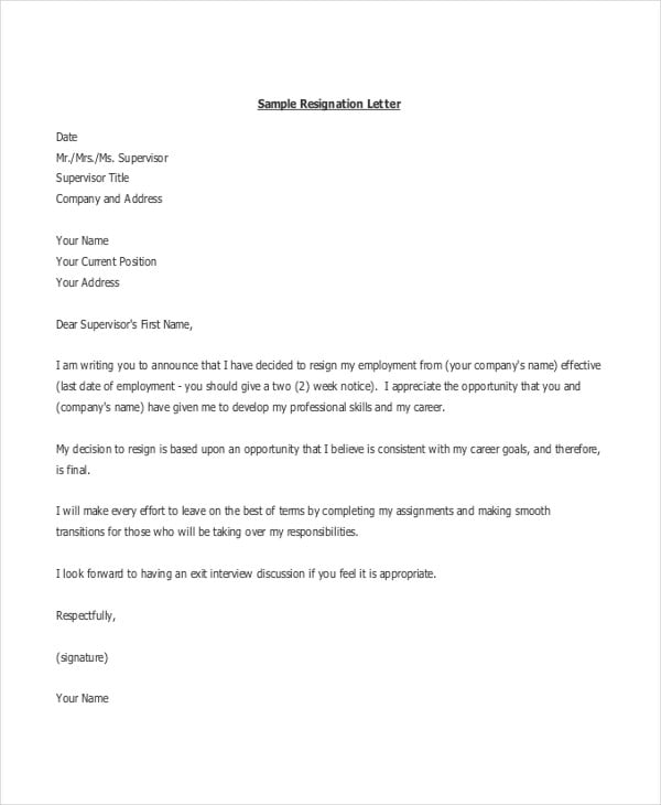 current position resignation letter