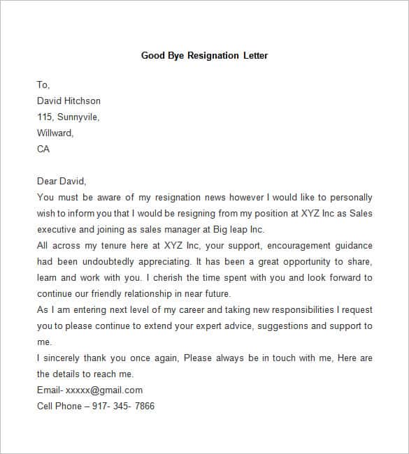sample good bye resignation letter