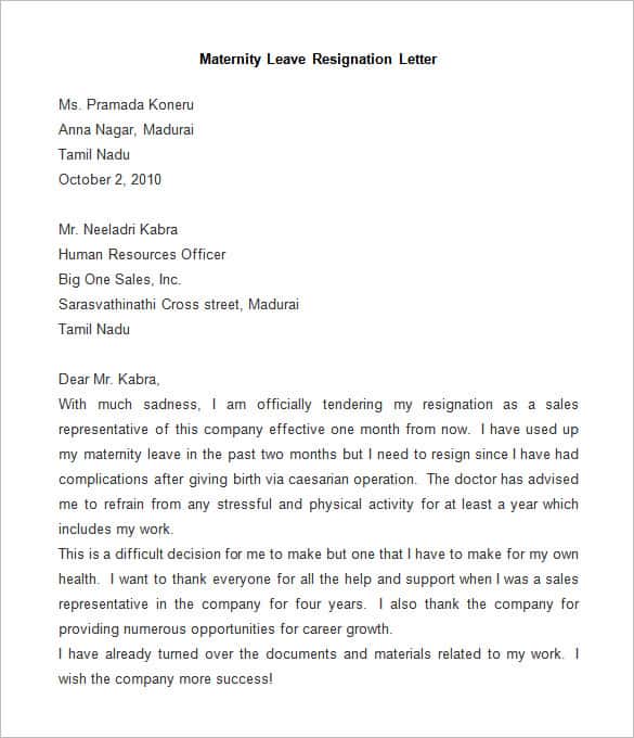 sample maternity leave resignation letter
