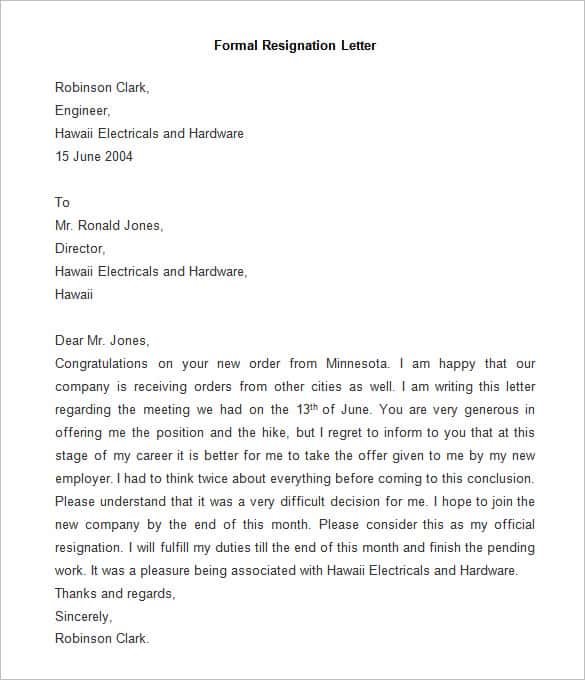 sample of formal resignation letter