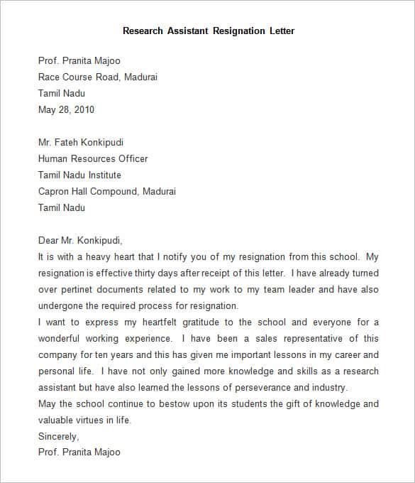 sample research assistant resignation letter