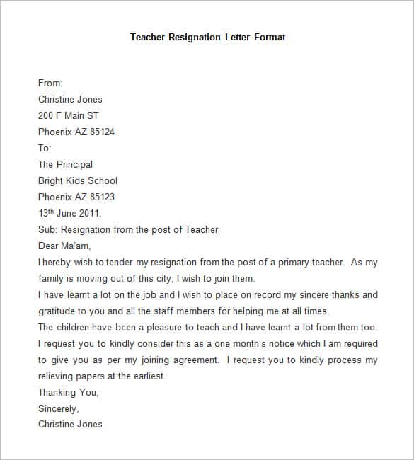 sample teacher resignation letter format