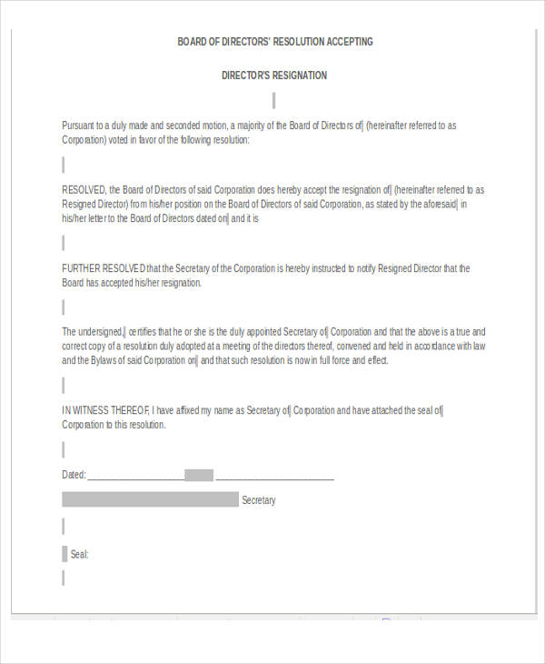 directors resignation acceptance letter template