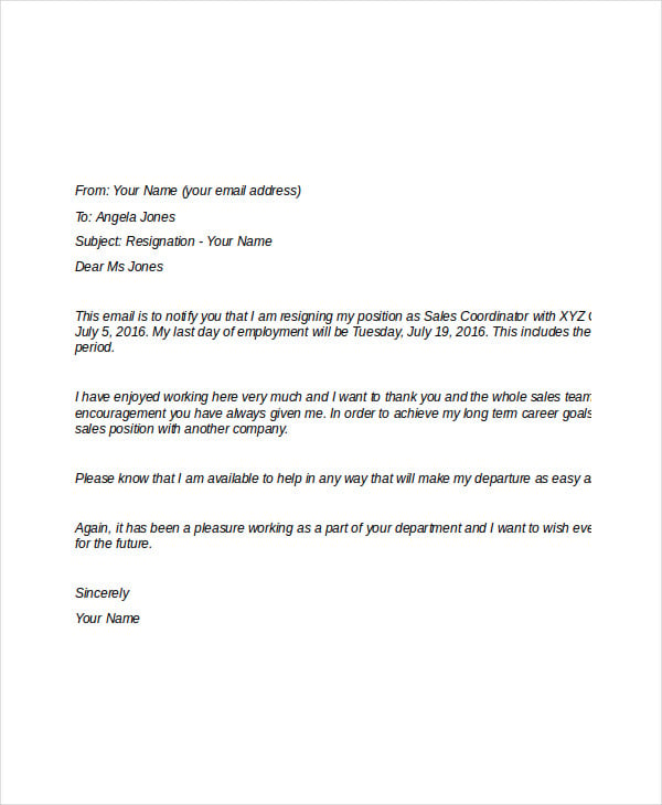 email resignation letter to boss