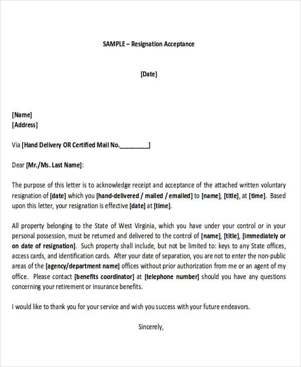 Employee Resignation Letter Acceptance Sample
