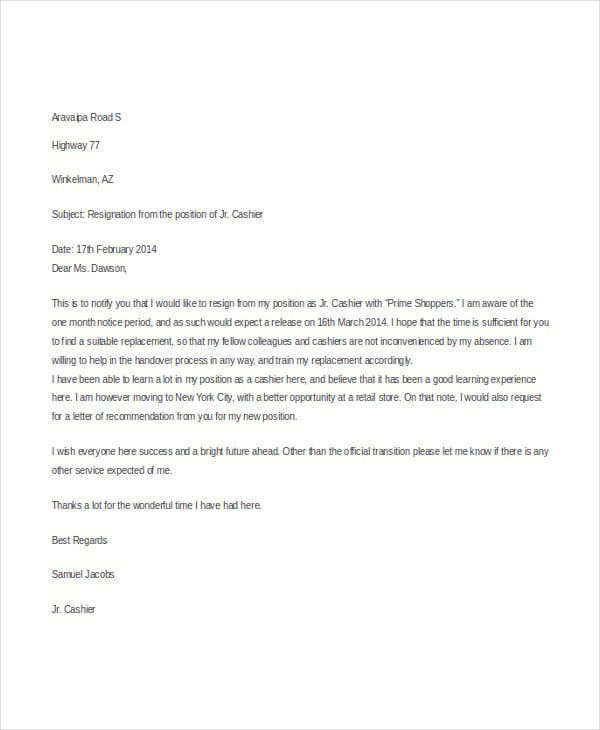 11 Sample Resignation Letter Cashier Resume Resignation Letter Images