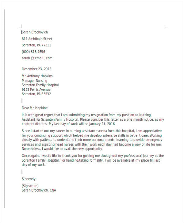 Letter Of Resignation 2 Weeks Notice Cna Sample