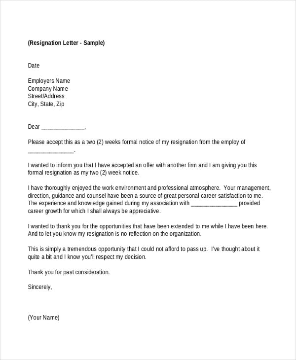 employment resignation letter to employer
