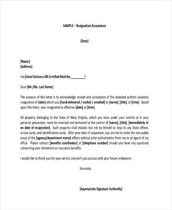 resignation acceptance request letter template