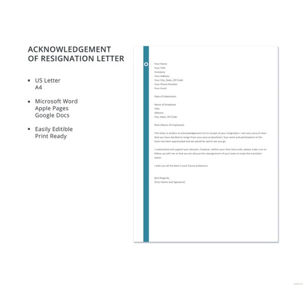 acknowledgement of resignation letter template