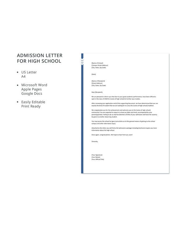 admission letter for high school