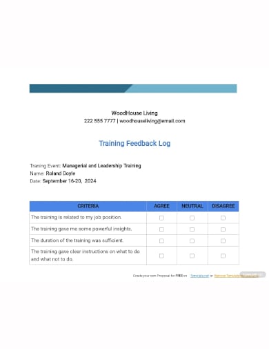 business training feedback log template