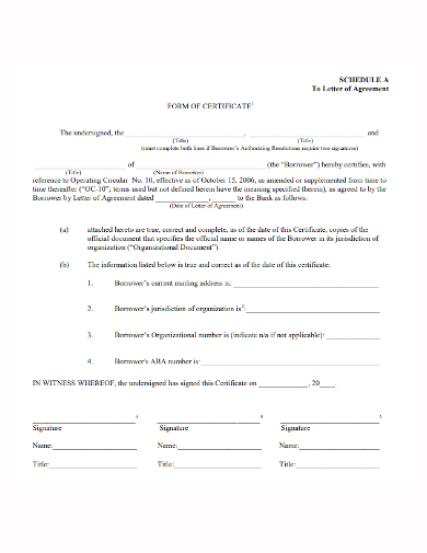 certificate agreement letter template