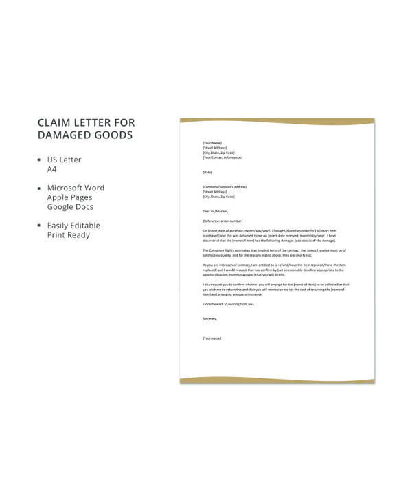 claim letter for damaged goods