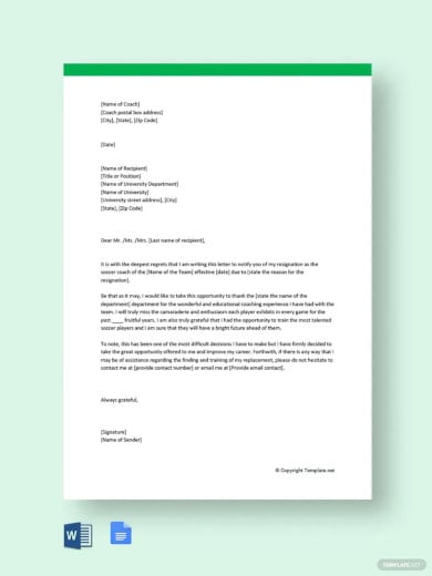 coach resignation letter template