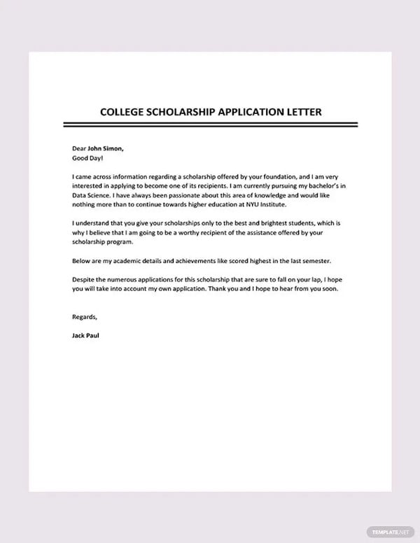 college scholarship application letter templates