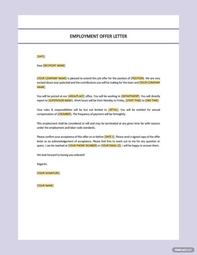 editable employment offer letter template