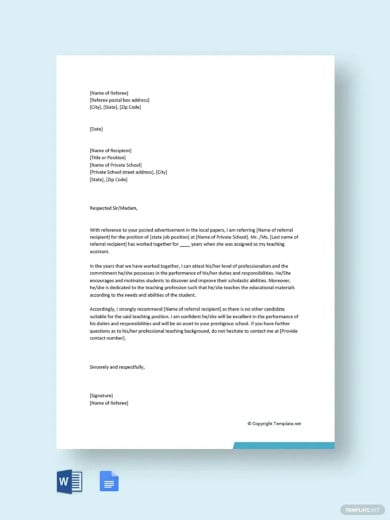 family reference letter for private school