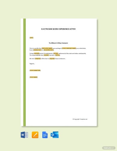 free electrician work experience letter template