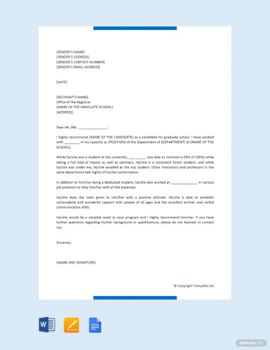 free letter of recommendation for graduate school admission template
