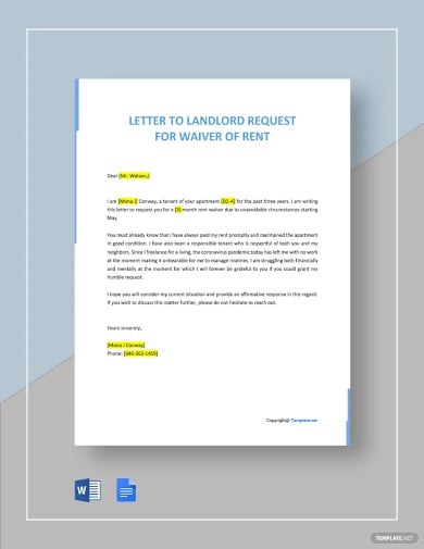 free letter to landlord request for waiver of rent template