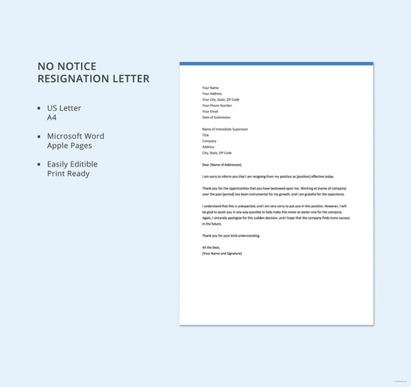 free no notice resignation letter template