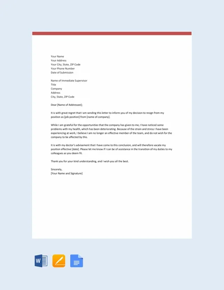 Resignation Letter About Mental Health   Free Resignation Letter Template Due To Health Issues 