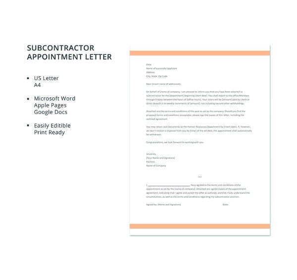 free subcontractor appointment letter template 