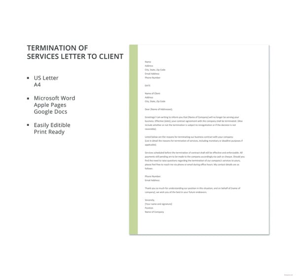free termination of services letter template to client
