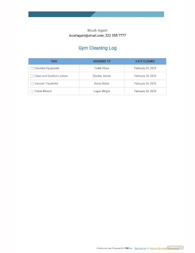 gym exercise cleaning log template