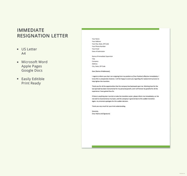 immediate resignation letter template