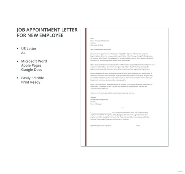 job appointment letter template for new employee