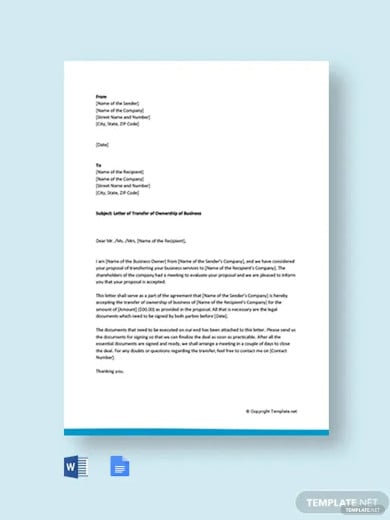 letter of transfer of ownership of business template