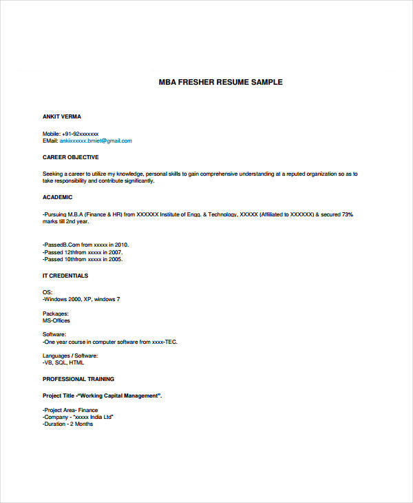 mba marketing fresher resume