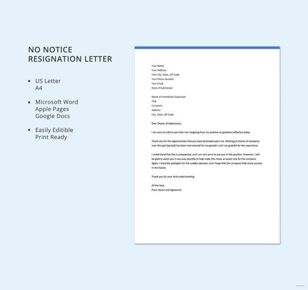 no notice resignation letter template